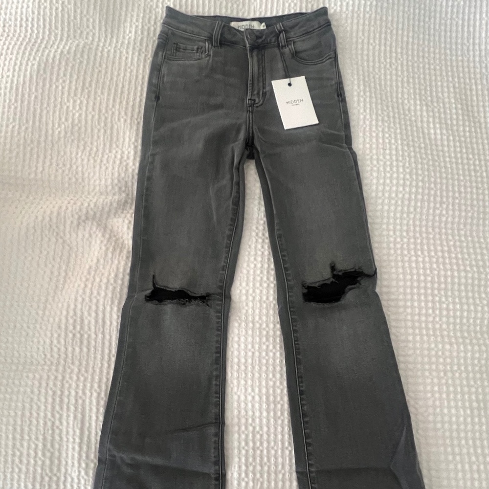 VICI - HARLOW/HIDDEN HIGH RISE STRETCH DISTRESSED WIDE LEG JEANS - CHARCOAL